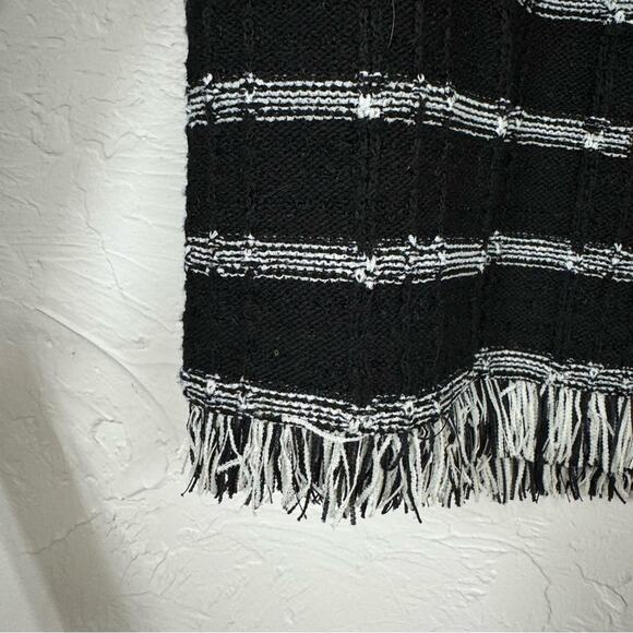 Ming Wang Black White Chunky Knit Sweater Womens M Fringe Preppy Pullover Mock - Picture 5 of 10